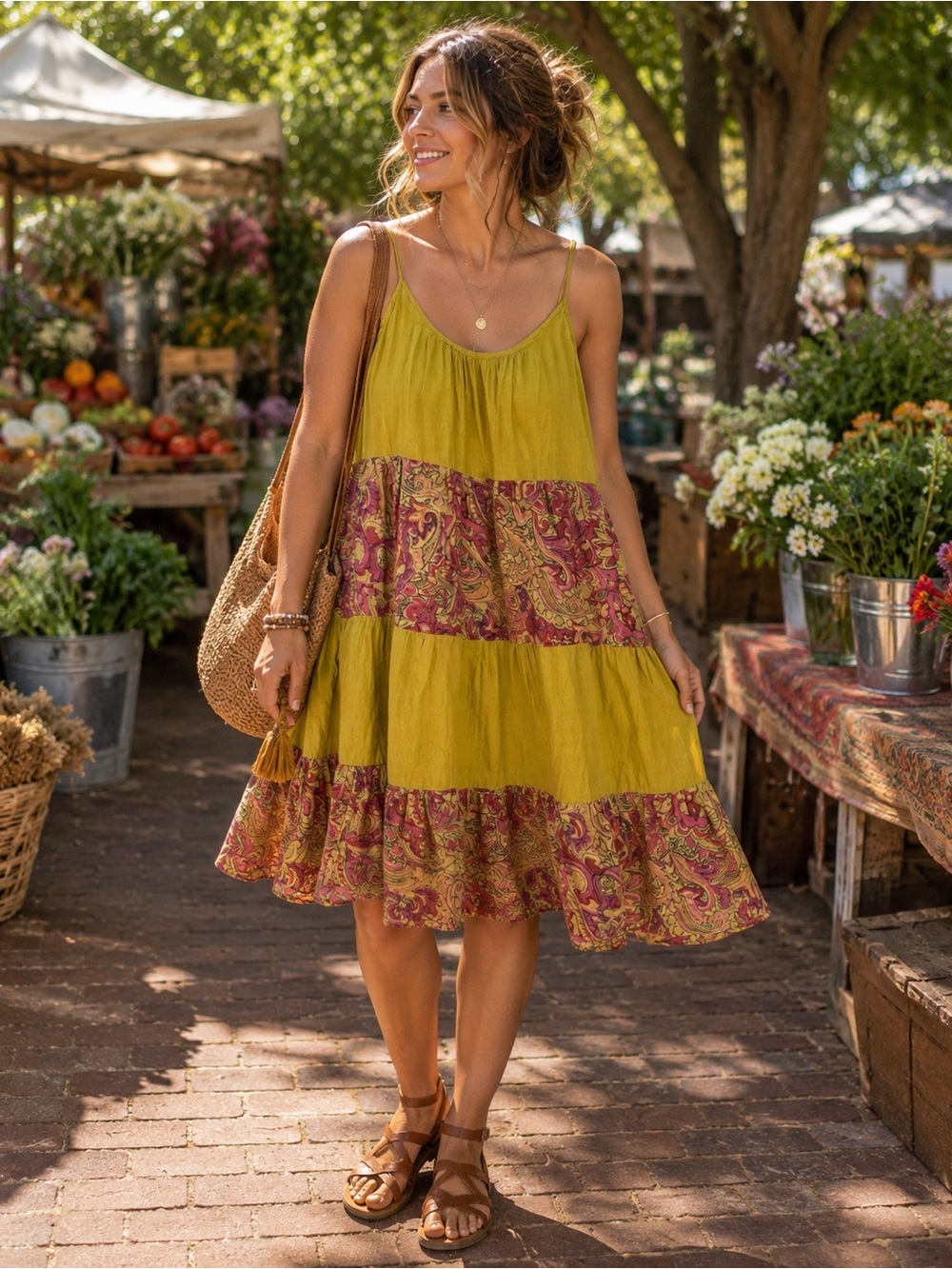 Boho Cotton‎ Tiered Sundress Women’s Approx M Chartreuse Paisley Made Thailand